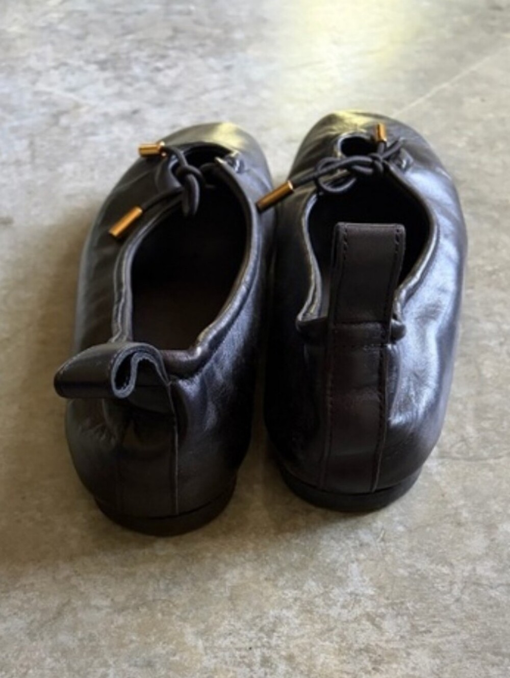 ALOHAS Black Leather Ballet Flats with Gold-Tip Drawstring - Picture 3 of 3